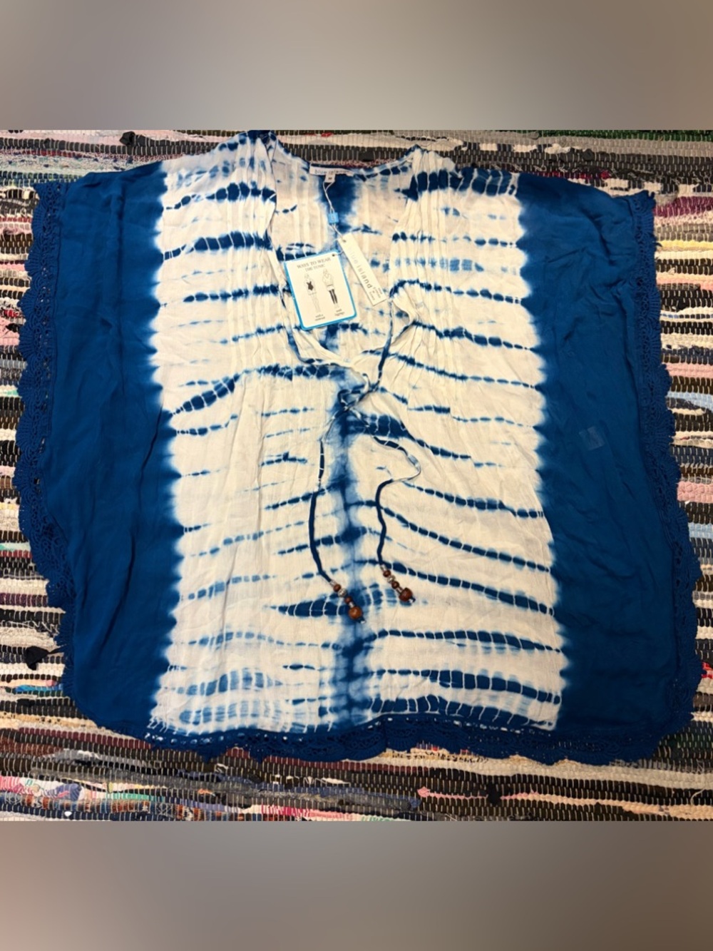 Blue Island Swim Cover Up Womens Large Blue Tie Dye Strappy Kaftan Boho Festival